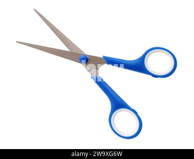 Small multipurpose scissors with blue handle is isolated on white background with clipping path. Stock Photo