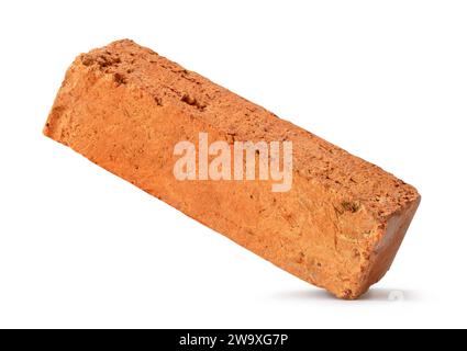 Single cracked old red or orange brick is isolated on white background with clipping path. Overlay Stock Photo