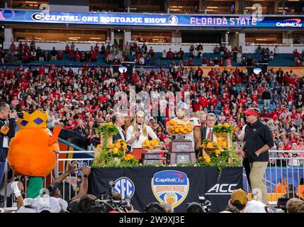 December 30, 2023:.Georgia Bulldogs running back Kendall Milton (2) accepts the MVP Trophy after the Capital One Orange Bowl between the University of Georgia Bulldogs and the Florida State University Seminoles at Hard Rock Stadium in Miami Gardens, FL. Ron Lane/CSM Stock Photo