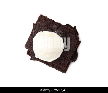 Tasty brownies with ice cream isolated on white, top view Stock Photo