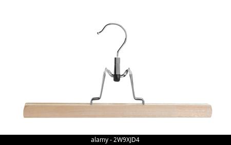 One empty wooden hanger isolated on white Stock Photo