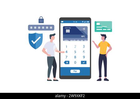Vector illustration of two men with secure payment concept. credit card, shield, padlock, password and smartphone Stock Vector