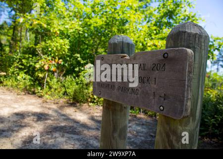 A wide view of a hiking trail sign on a hiking trail in Red River Gorge Kentucky USA Stock Photo