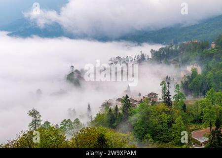 The cottage in the morning fog of Ailao Mountain, Yuanyang County, Honghe Prefecture, Yunnan Province, China. Stock Photo