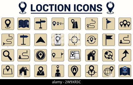 Map and Location icon set vector design  Solid vector icons collection. Stock Vector