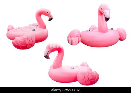 Pink pool plastic inflatable flamingo isolated on white background Stock Photo