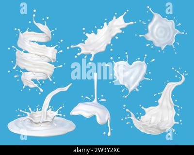 Set of white milk splash and drops on blue background vector Stock Vector