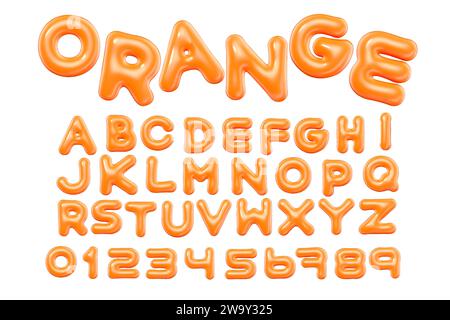 3d style vector of inflated glossy orange alphabet and numbers on white background Stock Vector