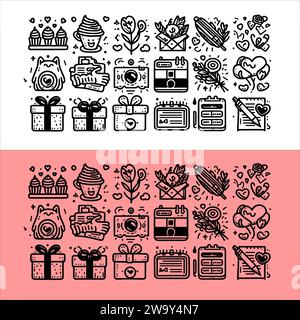 Vector Valentine day doodle set isolated on pink and transparent background Stock Vector