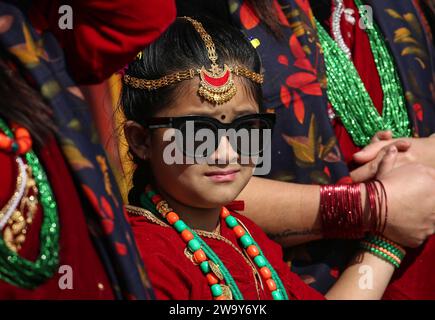 December 31, 2023: A small girl from ethnic Gurung community participates in celebration of the Tamu Lhosar festival, welcoming New Year of vulture in Kathmandu, Nepal, Dec. 31, 2023. (Credit Image: © Sunil Sharma/ZUMA Press Wire) EDITORIAL USAGE ONLY! Not for Commercial USAGE! Stock Photo