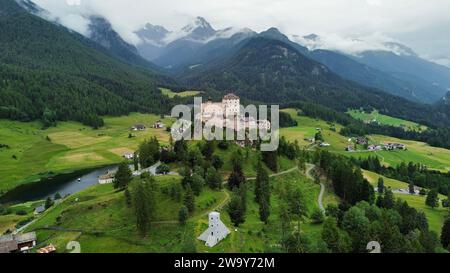 Aerial view of the famous Tarasp castle near Scuol in the alps in ...