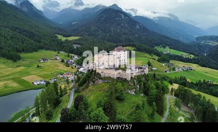 Aerial view of the famous Tarasp castle near Scuol in the alps in ...