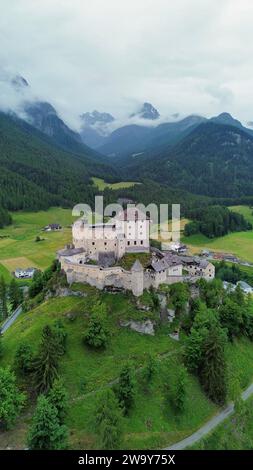 Aerial view of the famous Tarasp castle near Scuol in the alps in ...