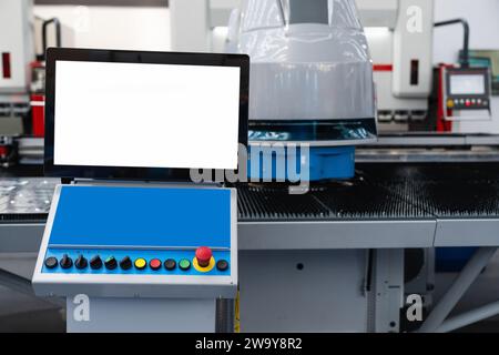 Automatic machine for cutting metal at work. Smart factory.. Stock Photo
