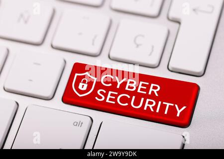 Cyber security concept on red button of white keyboard close-up Stock Photo