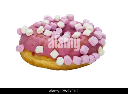 Strawberry-covered donut adorned with fluffy marshmallow pieces. Stock Photo