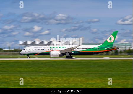 EVA Air Boeing 787-9 Dreamliner With The Aircraft Flag  B-17881 Takes Off On The Southern Runway 26L Of Munich MUC Airport EDDM Stock Photo