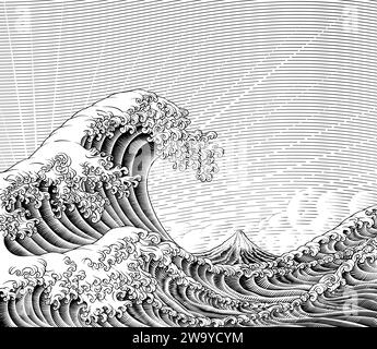 Great Wave Vintage Japanese Engraved Woodcut Style Stock Vector