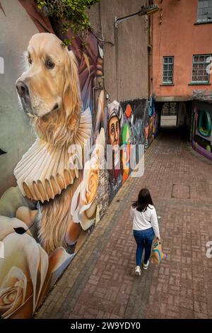 Ireland, Munster, Waterford, dog in ruff mural painting on Guiney’s alley wall Stock Photo