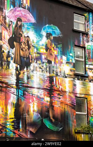Ireland, Munster, Waterford, O’Connell Street, Neon Waves, Tokyo night mural painting by Dan Kitchener on Vulcan Street junction, detail Stock Photo