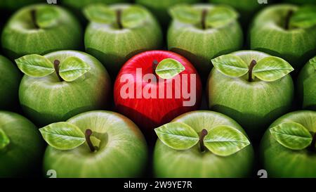 Red apple standing out from green apples. 3D illustration. Stock Photo