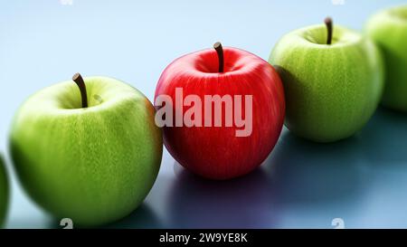 Red apple standing out from green apples. 3D illustration. Stock Photo