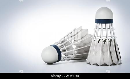 Badminton shuttlecocks and rackets isolated on white background. 3D ...