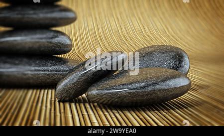 Black balancing stones standing on bamboo background. 3D illustration. Stock Photo