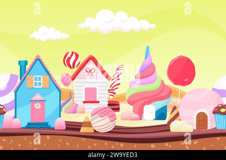 Fairy tale landscape with candy and cake houses, lollipop trees seamless background. Sweet confectionery land with gingerbread palaces, buildings with caramel and cookie cartoon vector illustration Stock Vector
