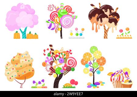 Candy trees set. Fairy plants of magic confectionery land with whipped cream swirls and chocolate glaze, lollipop and marshmallow, candied fruit slices and cupcake cartoon vector illustration Stock Vector