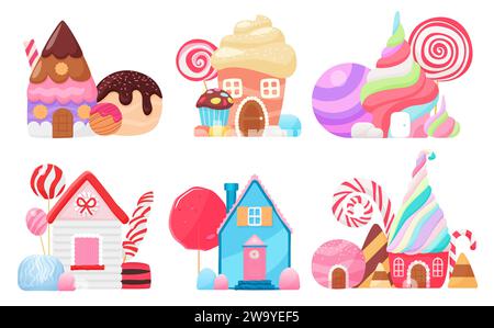 Candy houses set. Fairy tale buildings with whipped rainbow cream and chocolate roofs, cookie windows, fantasy marshmallow and cake, candy cane and lollipop decorations cartoon vector illustration Stock Vector