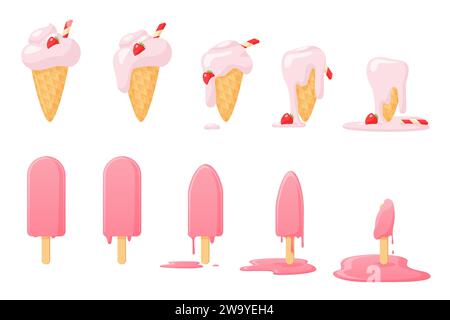 Melting ice cream set of animation sequence. Melting stages collection of strawberry sundae in waffle cone and pink popsicle from whole to melted glossy sweet puddle cartoon vector illustration Stock Vector