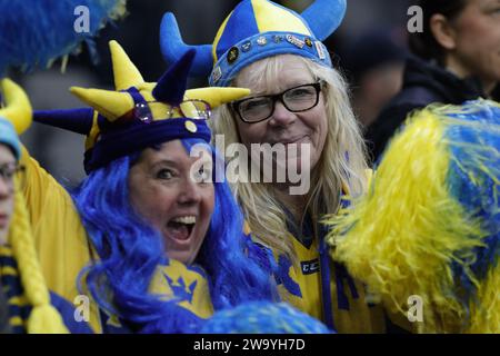 Swedish fans during the IIHF World Junior Championship group A ice hockey match between Sweden and Finland at Scandinavium in Gothenburg, Sweden Decem Stock Photo