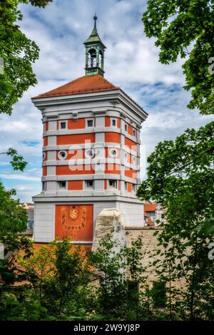 Rotes Tor tower in Augsburg (Germany). The inscription at the solar clock says that it was built 1622 by Elias Holl Stock Photo