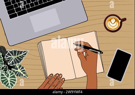 Top view of workplace, hands writing in organizer. Stock Vector