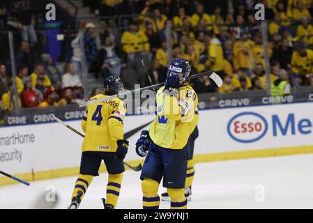 during the IIHF World Junior Championship group A ice hockey match between Sweden and Finland at Scandinavium in Gothenburg, Sweden December 31, 2023. Stock Photo