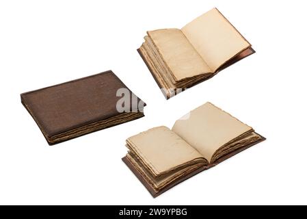 An open empty old notebook isolated on a white background. Copy space. Stock Photo