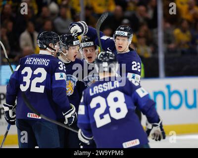 during the IIHF World Junior Championship group A ice hockey match between Sweden and Finland at Scandinavium in Gothenburg, Sweden December 31, 2023. Stock Photo