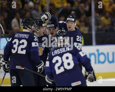 during the IIHF World Junior Championship group A ice hockey match between Sweden and Finland at Scandinavium in Gothenburg, Sweden December 31, 2023. Stock Photo