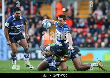 Jaco Coetzee of Bath is tackled during the Gallagher Premiership match Leicester Tigers vs Bath Rugby at Welford Road, Leicester, United Kingdom, 31st December 2023  (Photo by Gareth Evans/News Images) Stock Photo