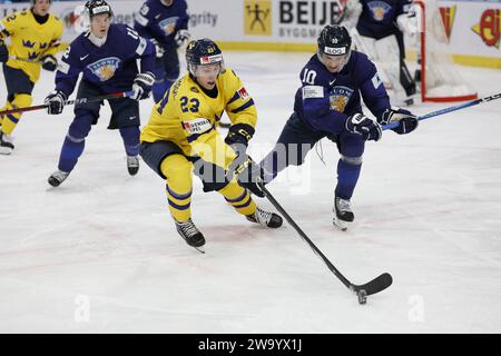 during the IIHF World Junior Championship group A ice hockey match between Sweden and Finland at Scandinavium in Gothenburg, Sweden December 31, 2023. Stock Photo