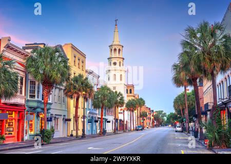 Charleston, South Carolina, USA cityscape in the historic district at twilight. Stock Photo