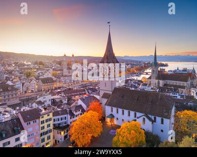 Zurich, Switzerland old town skyline over the Limmat River on an autumn morning. Stock Photo