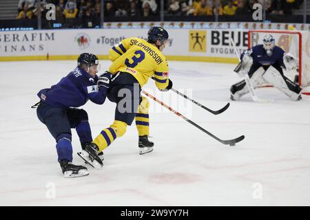 Sweden's Elias Salomonsson during the IIHF World Junior Championship group A ice hockey match between Sweden and Finland at Scandinavium in Gothenburg Stock Photo