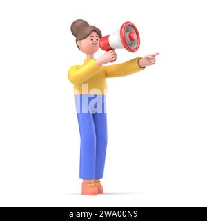 3D illustration of Cartoon 3d character with loudspeaker. Social media, Advertising and promotion concept.3D rendering on white background. Stock Photo
