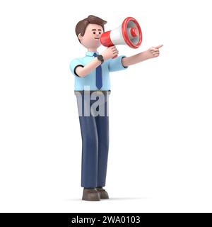 3D illustration of Cartoon 3d character with loudspeaker. Social media, Advertising and promotion concept.3D rendering on white background. Stock Photo