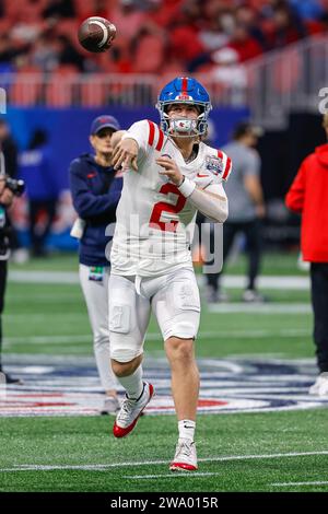 December 30, 2023: Jaxson Dart of Ole Miss prior to the Chick-fil-A Peach Bowl featuring the #11 Ole Miss Rebels and the #10 Penn State Nittany Lions, played at Mercedes-Benz Stadium in Atlanta, Georgia. Ole Miss defeats Penn State, 38-25. Cecil Copeland/CSM(Credit Image: © Cecil Copeland/Cal Sport Media) Stock Photo