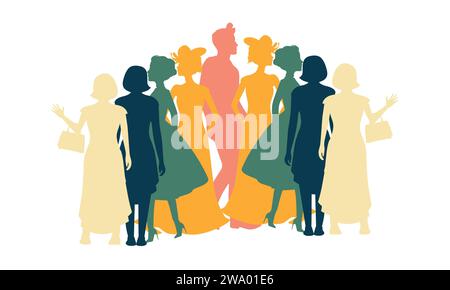 Colorful diverse people crowd. Diverse people group. Flat design vector illustration. A colorful illustration of diverse silhouetted people in profile Stock Vector