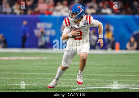 December 30, 2023: Jaxson Dart of Ole Miss in action during the Chick-fil-A Peach Bowl featuring the #11 Ole Miss Rebels and the #10 Penn State Nittany Lions, played at Mercedes-Benz Stadium in Atlanta, Georgia. Ole Miss defeats Penn State, 38-25. Cecil Copeland/CSM Stock Photo