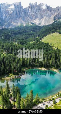drone photo Carezza lake, Karersee, Lago di Carezza dolomites italy europe Stock Photo